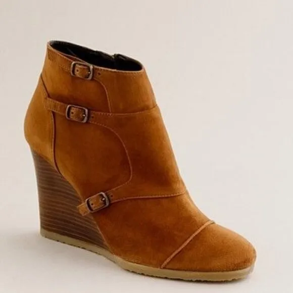 J. CREW Greer Monk Strap Wedge Ankle Booties Suede Cognac Brown Women's 10.5
