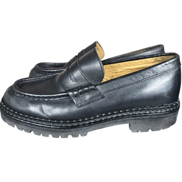 J Crew Penny Loafers Womens 7 Black Leather Chunky Platform Academia Preppy