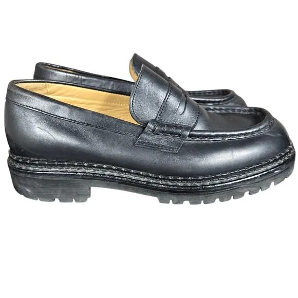 J Crew Penny Loafers Womens 7 Black Leather Chunky Platform Academia Preppy