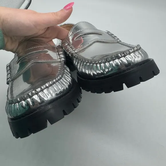 J. Crew Winona lug-sole penny loafers in metallic leather size 9.5 Silver