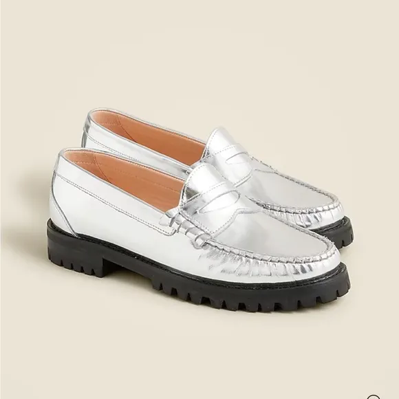J. Crew Winona lug-sole penny loafers in metallic leather size 9.5 Silver