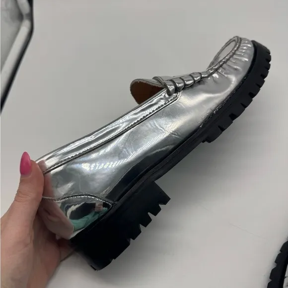 J. Crew Winona lug-sole penny loafers in metallic leather size 9.5 Silver