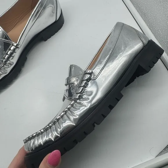 J. Crew Winona lug-sole penny loafers in metallic leather size 9.5 Silver