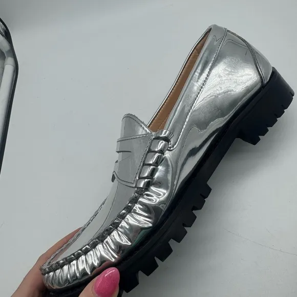 J. Crew Winona lug-sole penny loafers in metallic leather size 9.5 Silver