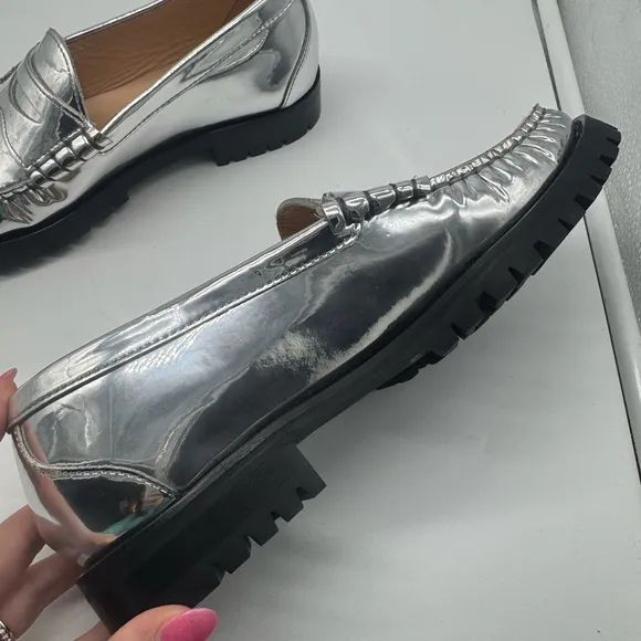 J. Crew Winona lug-sole penny loafers in metallic leather size 9.5 Silver