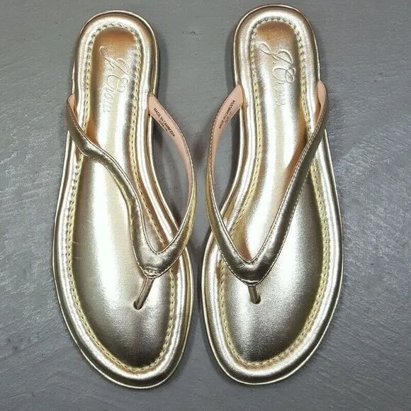 J CREW Womens Sandals Size 10 Gold Leather Thong Cushioned Flip Flops MENORCA