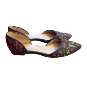 J. Jill Women's Sz 8.5 Black Floral Embroidered Pointy Toe D'Orsay Slip on Flats