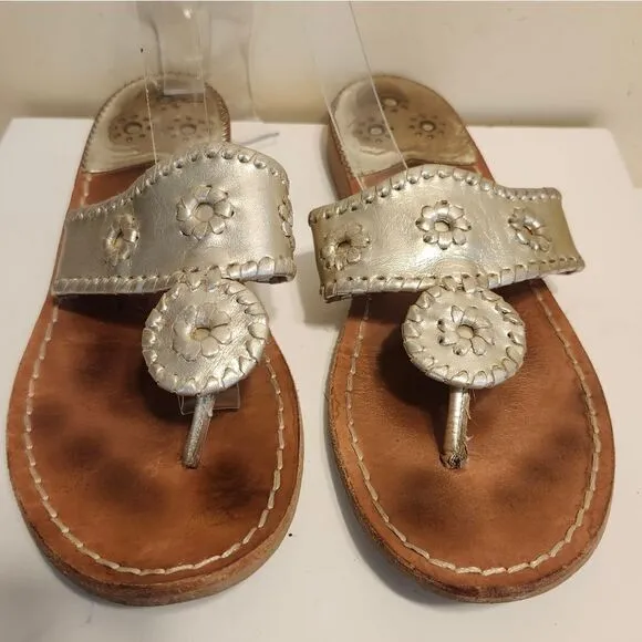Jack Rogers &quot;Navajo&quot; Pale Gold Leather w/Whipstich Thong Sandals Sz.8 Ret $128