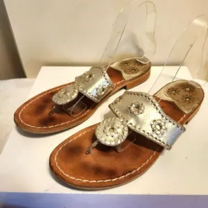 Jack Rogers &quot;Navajo&quot; Pale Gold Leather w/Whipstich Thong Sandals Sz.8 Ret $128