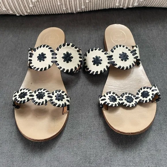 Jack Rogers Black and Ivory Classic Leather Thong Sandals Size 9.5M
