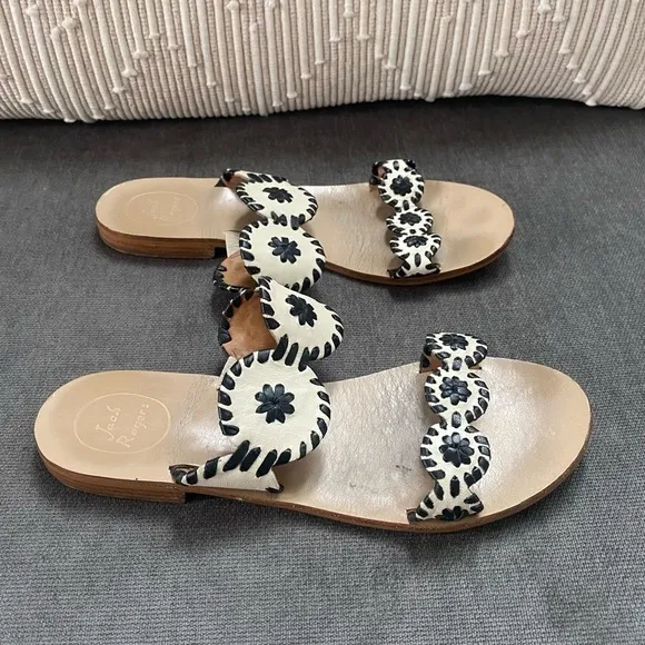 Jack Rogers Black and Ivory Classic Leather Thong Sandals Size 9.5M