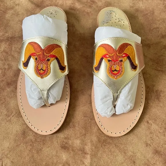 JACK ROGERS NIB AUTH GOLD METALLIC LEATHER ARIES EMBROIDERY THONG SANDALS