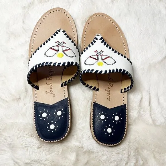 Jack Rogers Pickleball Embroidered Whipstitch Flat Thong Sandals NWOT Size 9