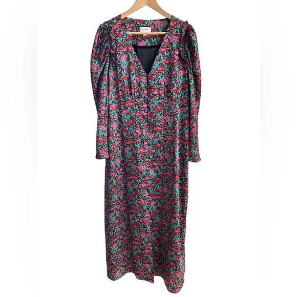 J.Crew Collection Drapey Puff Sleeve Dress Ratti Red Blooms Size 14 Maxi Sheath