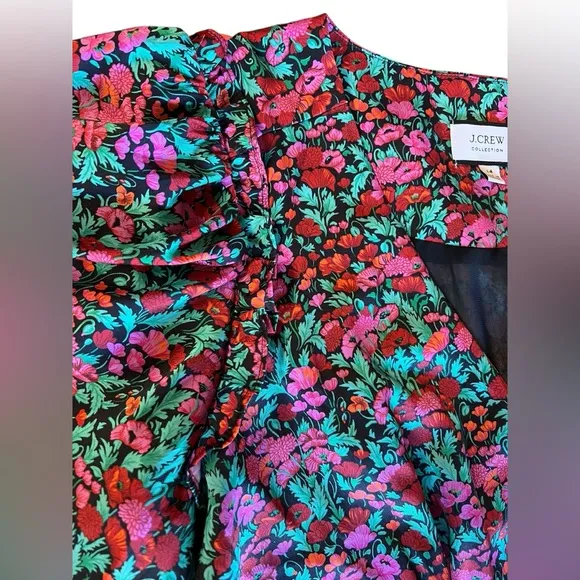 J.Crew Collection Drapey Puff Sleeve Dress Ratti Red Blooms Size 14 Maxi Sheath