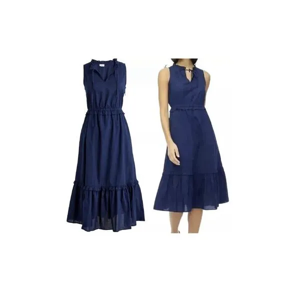 J.Crew Factory Midi Dress Size 4 Navy Tiered Fit &amp; Flare NWT Tie-Neck Sleeveless