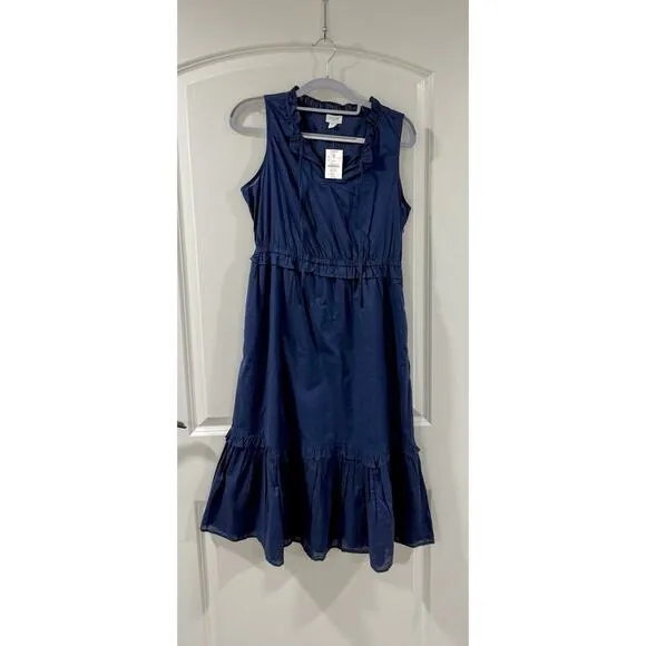 J.Crew Factory Midi Dress Size 4 Navy Tiered Fit &amp; Flare NWT Tie-Neck Sleeveless