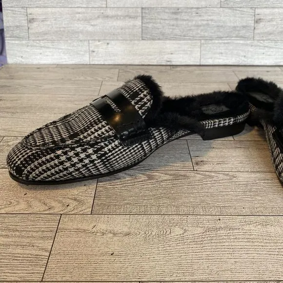 JCrew Faux Fur Lined Academia Penny Loafer Mules Plaid Tweed‎ Women's 8