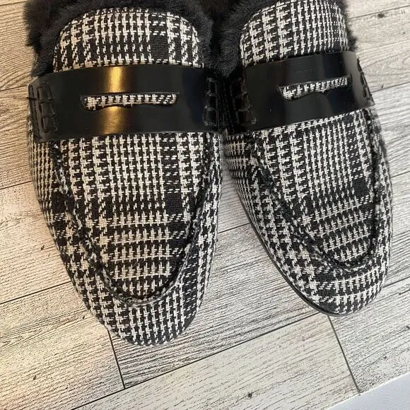 JCrew Faux Fur Lined Academia Penny Loafer Mules Plaid Tweed‎ Women's 8
