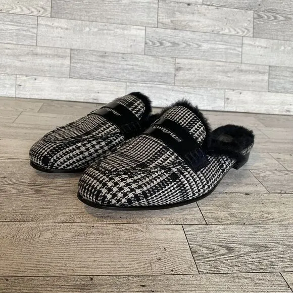 JCrew Faux Fur Lined Academia Penny Loafer Mules Plaid Tweed‎ Women's 8
