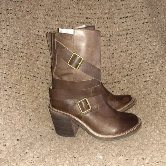 JEFFERY CAMPBELL-Brown Leather Buckle Strappy Mid-Calf Boots-Sz 37-Excellent