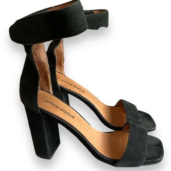 Jeffrey Campbell Holvey Black Suede Ankle Strap Chunky Block Heel Sandals 6