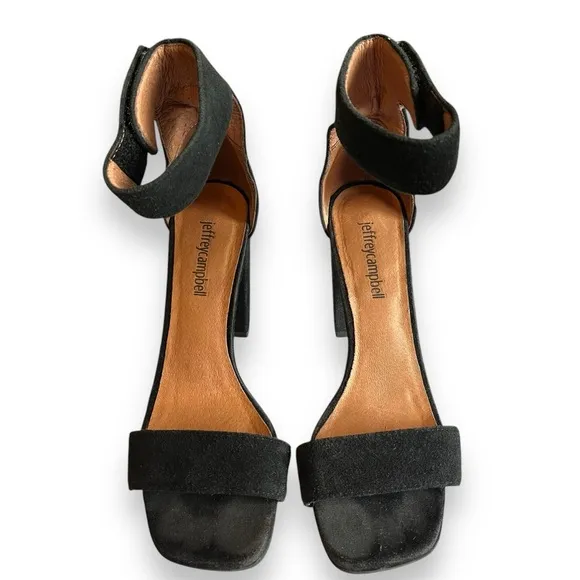 Jeffrey Campbell Holvey Black Suede Ankle Strap Chunky Block Heel Sandals 6