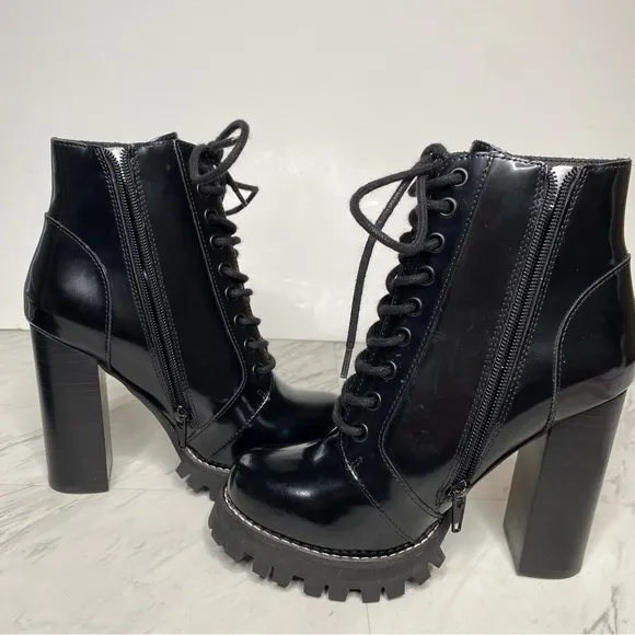 Jeffrey Campbell Legion Black Patent Lace Up Heeled Boot 6 1/2 M