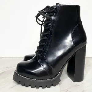 Jeffrey Campbell Legion Black Patent Lace Up Heeled Boot 6 1/2 M