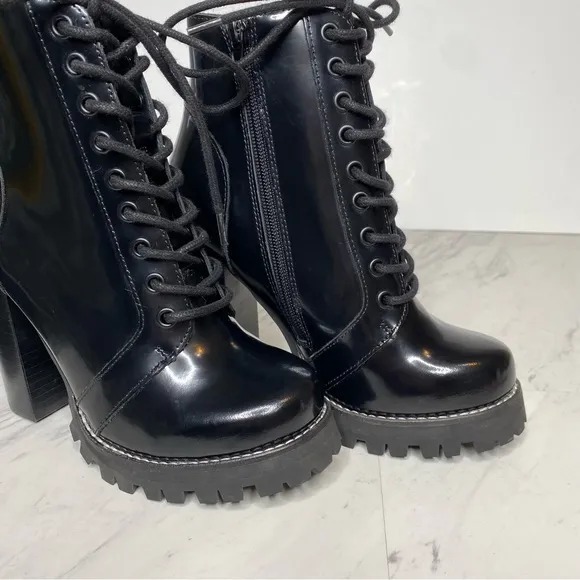 Jeffrey Campbell Legion Black Patent Lace Up Heeled Boot 6 1/2 M