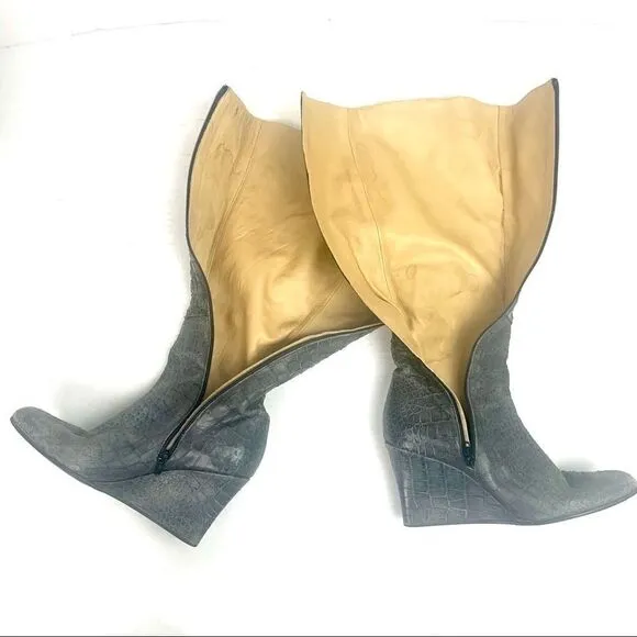 Jennifer Tattanelli Croc Embossed Gray Reptile Wedge Boot