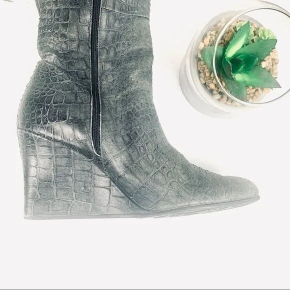 Jennifer Tattanelli Croc Embossed Gray Reptile Wedge Boot