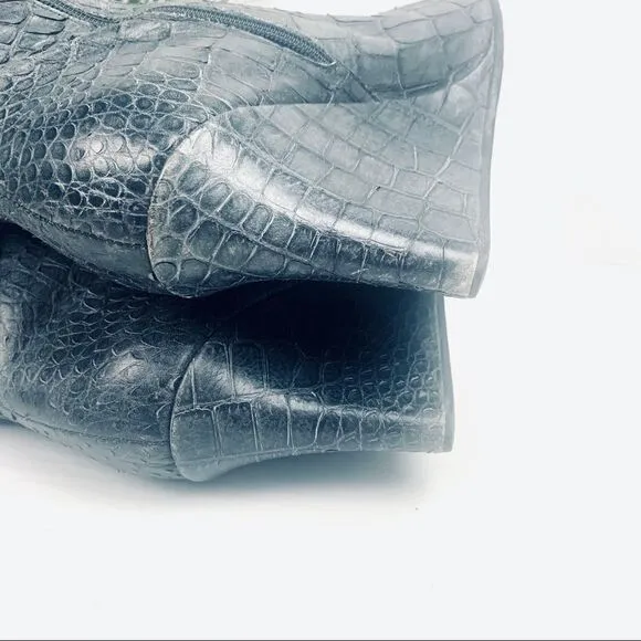 Jennifer Tattanelli Croc Embossed Gray Reptile Wedge Boot