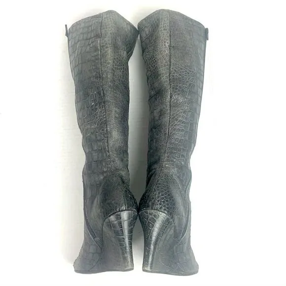 Jennifer Tattanelli Croc Embossed Gray Reptile Wedge Boot