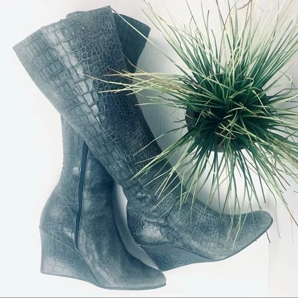 Jennifer Tattanelli Croc Embossed Gray Reptile Wedge Boot