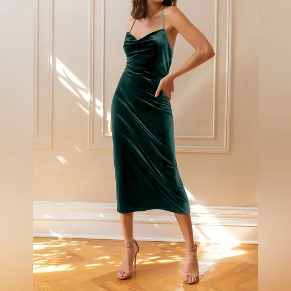 JENNY YOO x ANTHROPOLOGIE Green Stretch Velvet Cowl Neck Midi Slip Dress 0 BHLDN