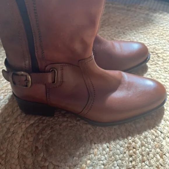 JESSICA Cognac Leather Wide Calf Buckle Knee High Riding Boots with Elastic Back
