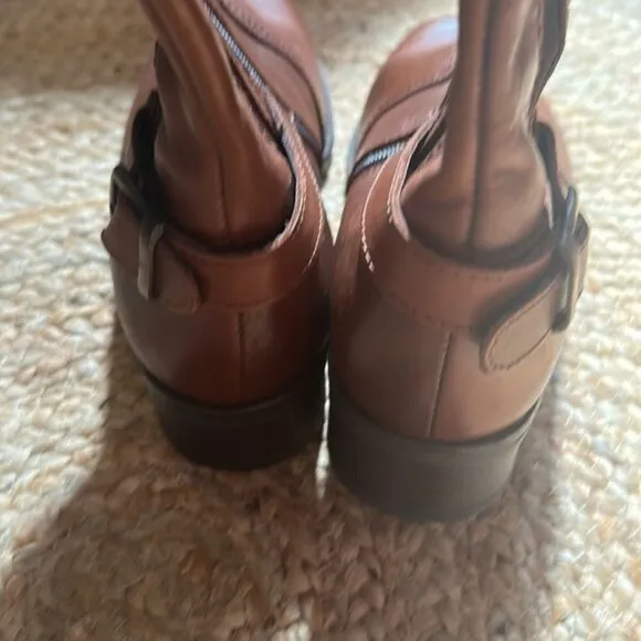 JESSICA Cognac Leather Wide Calf Buckle Knee High Riding Boots with Elastic Back