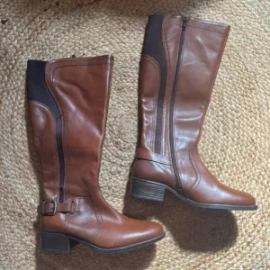JESSICA Cognac Leather Wide Calf Buckle Knee High Riding Boots with Elastic Back