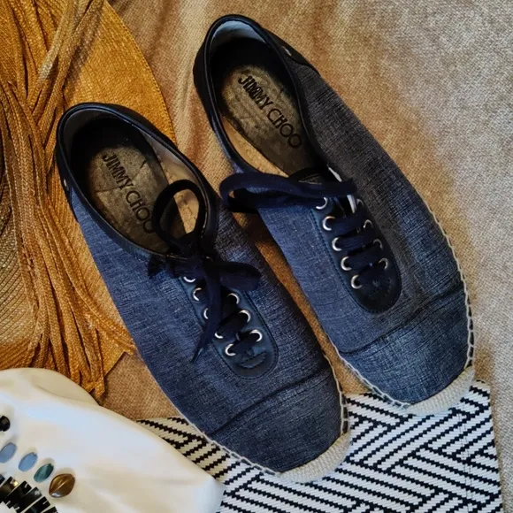 Jimmy Choo Denim &amp; leather trim espadrilles - size 8.5
