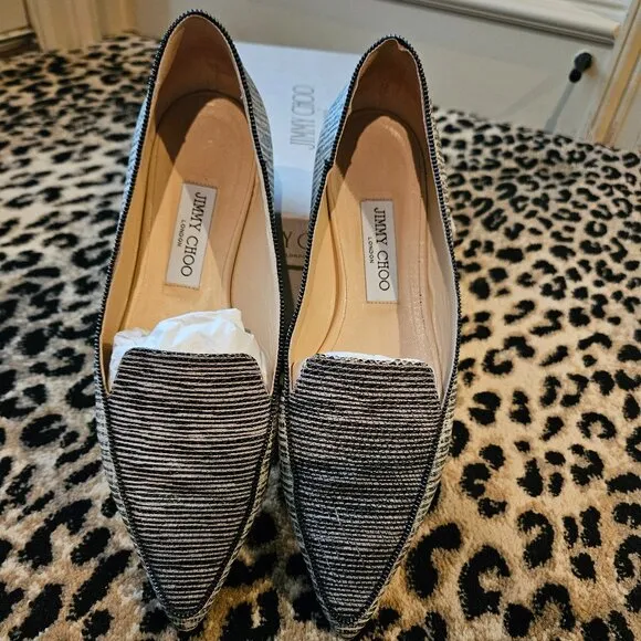 Jimmy Choo Leather Loafers Flats Black/White Zipper Detail Size 39 1/2