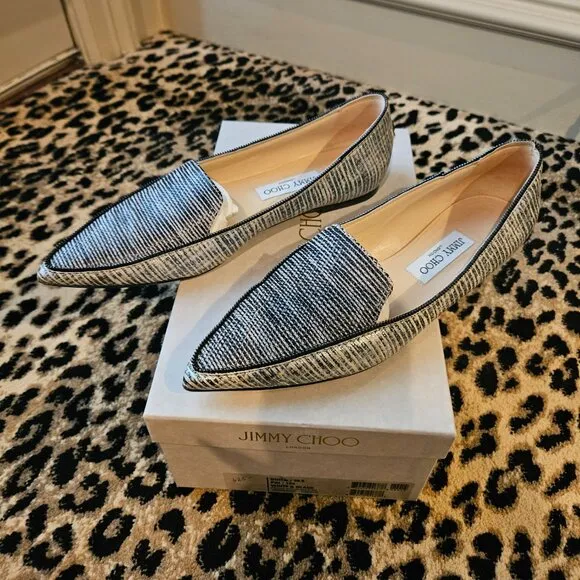 Jimmy Choo Leather Loafers Flats Black/White Zipper Detail Size 39 1/2
