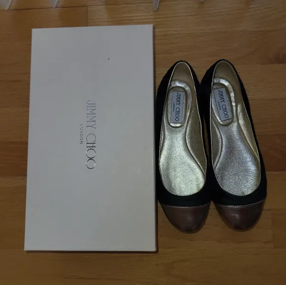 Jimmy Choo London Whirl Pony Hair Cap Toe Black/Gold Ballerina Flats 36 and 1/2