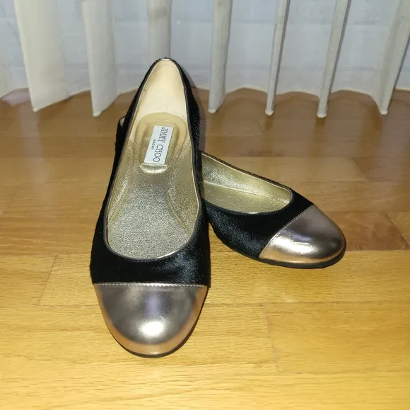 Jimmy Choo London Whirl Pony Hair Cap Toe Black/Gold Ballerina Flats 36 and 1/2