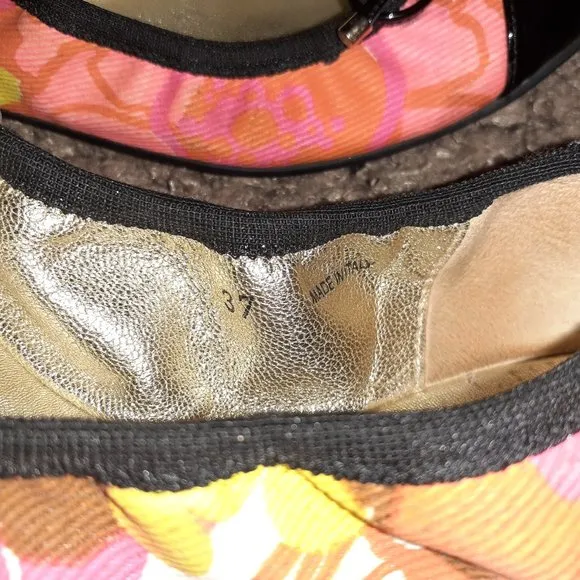 JIMMY CHOO-Wallach-Floral Pattern Ballet-Black Patent Cap Toe-Sz 37-Excellent
