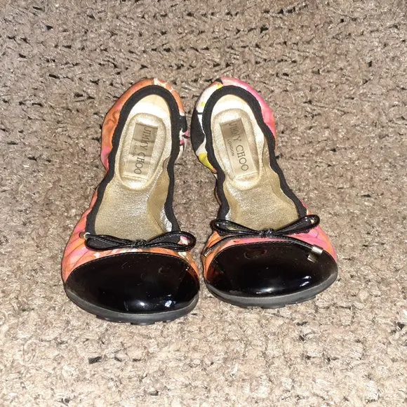 JIMMY CHOO-Wallach-Floral Pattern Ballet-Black Patent Cap Toe-Sz 37-Excellent