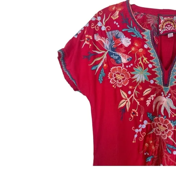 Johnny Was Ariel Easy Tunic Linen Red Short Sleeve Dress Size: XX-Small