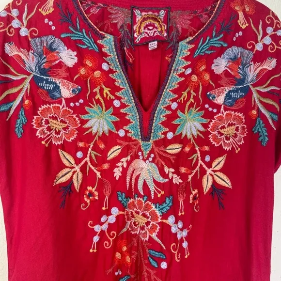 Johnny Was Ariel Easy Tunic Linen Red Short Sleeve Dress Size: XX-Small