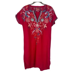 Johnny Was Ariel Easy Tunic Linen Red Short Sleeve Dress Size: XX-Small