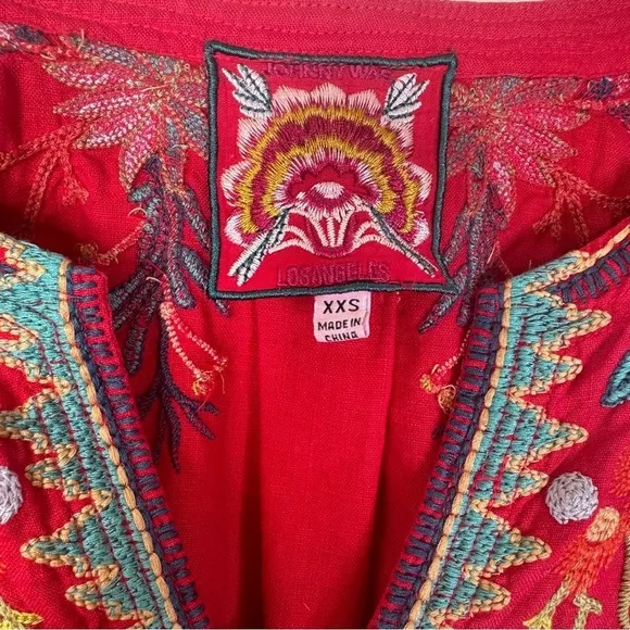 Johnny Was Ariel Easy Tunic Linen Red Short Sleeve Dress Size: XX-Small
